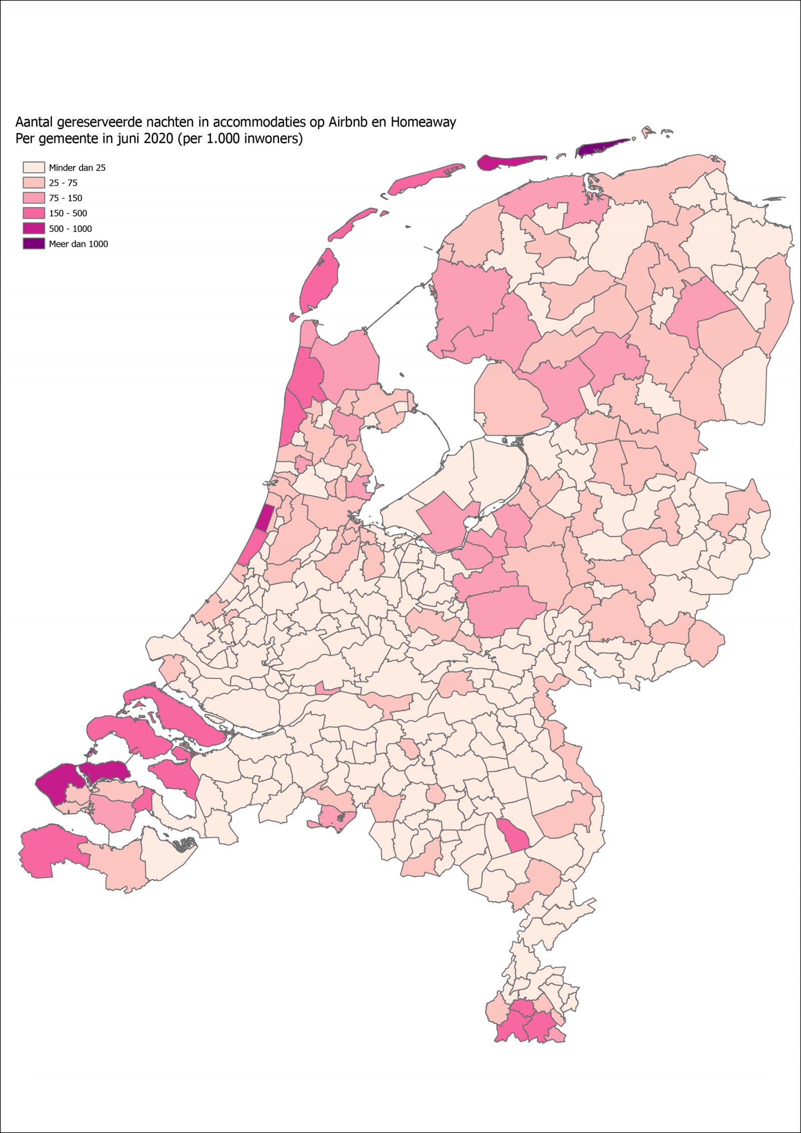 Kaart van Nederland met aantal gereserveerde nachten per 1000 inwoners per gemeente in juni 2020 