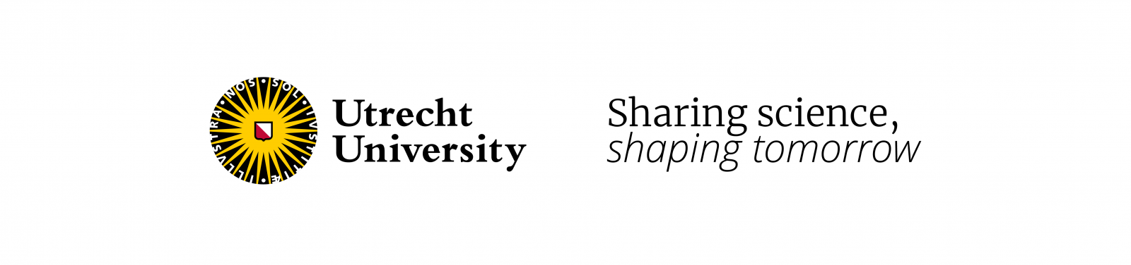 Large logo of Utrecht University with next to it the pay-off: Sharing science, shaping tomorrow.