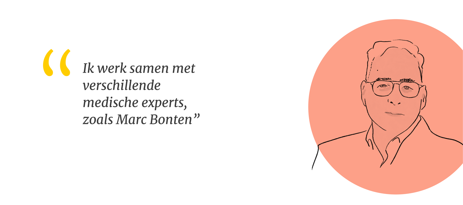 Illustratie van Marc Bonten met quote: Ik werk samen met verschillende medische experts, waaronder Marc Bonten