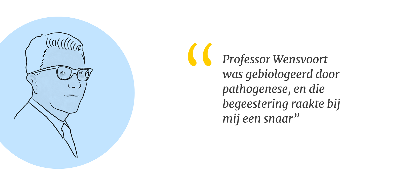Illustratie van professor Wensvoort met quote: professor Wensvoort was gebiologeerd door pathogenese, en die begeestering raakte bij mij een snaar