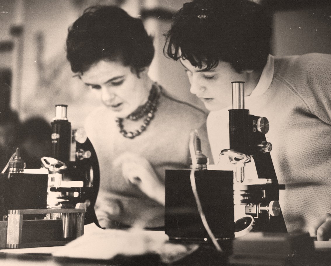 Twee onderzoekers (vrouw) van diergeneeskunde zitten achter een microscoop in de jaren zestig.