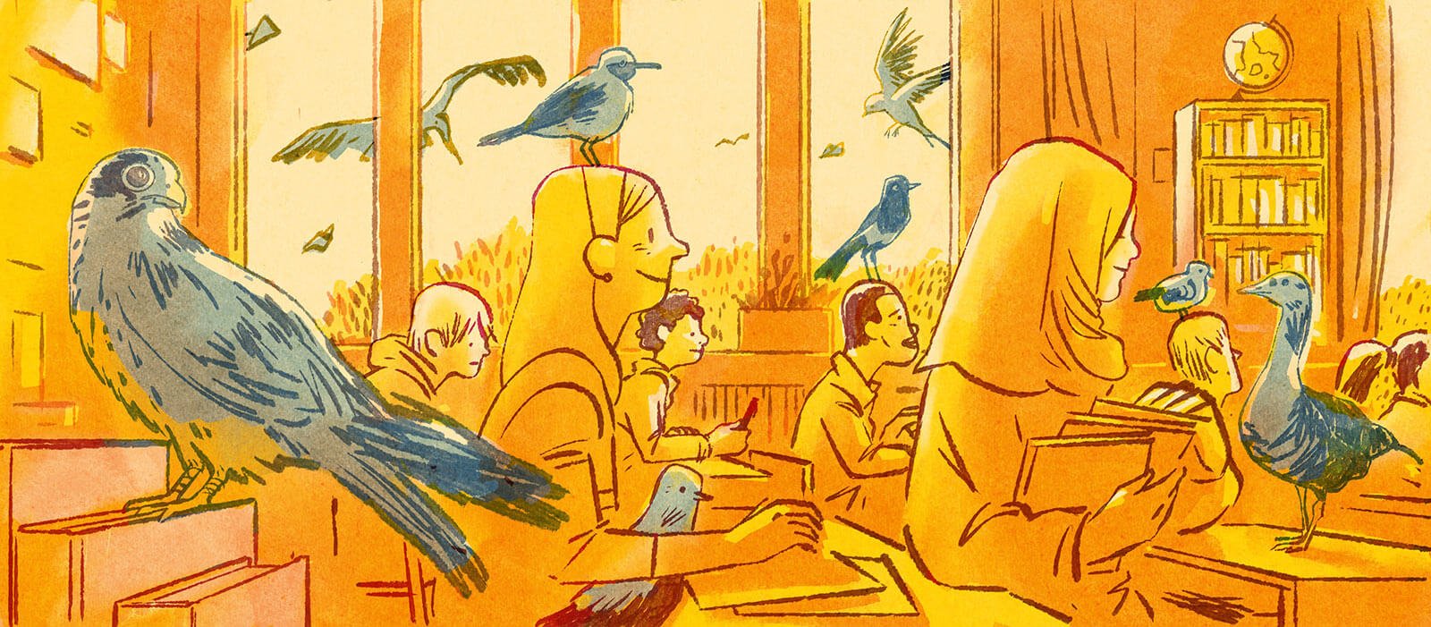 A classroom of students filled with birds