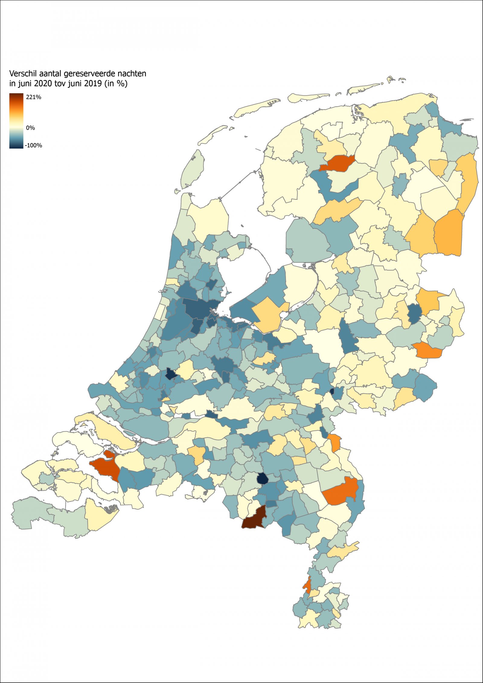 Kaart van Nederland met verschil in aantal gereserveerde nachten in juni 2020 tov juni 20190 