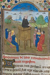 Hs 42 1r - Augustinus preekt, detail van het topstuk De civitate Dei uit de Bijzondere Collecties van de Universiteitsbibliotheek Utrecht