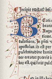 Fraai initiaal 'B' op fol. 11r, ‘De divinis moribus & De beatitudine’, 1474, uit de Bijzondere Collecties van de Universiteitsbibliotheek Utrecht