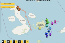 Screenshot van de interactieve kaart waarop de locatie van de drijvende sensoren te volgen is.