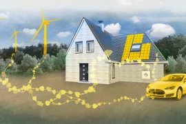 afbeelding van een huis met windmolens, zonnepanelen en elektrische auto, waarin de elektriciteit met elkaar verbonden is