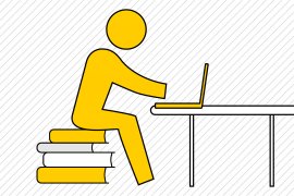 icon of person sitting on books, working on a laptop