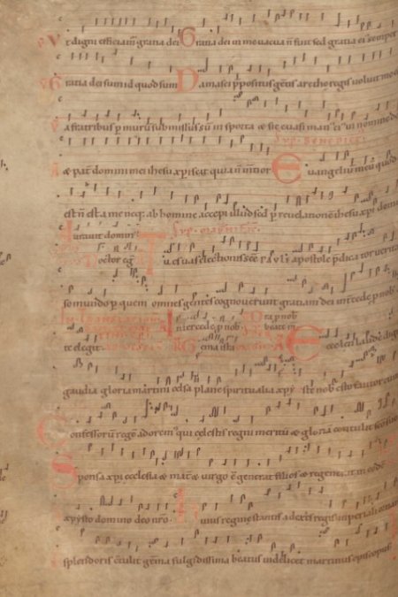 Een fragment uit een handschrift met muzieknoten, geschreven door bisschap Radboud in de 12e eeuw.