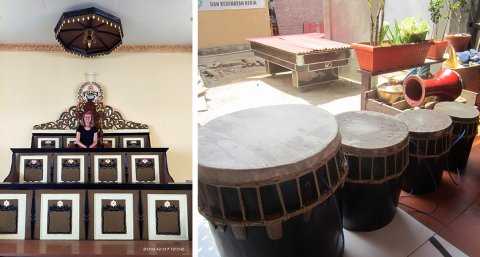Links: Zetels voor de koning van het dorp in de kerk in Booi, Saparua. Rechts: Molukse drums © privécollectie Jip Lensink