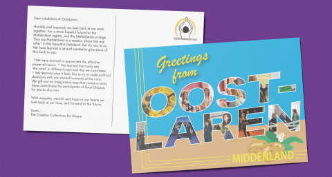 The front and the back of a postcard on purple background. On the front 'Greetings from Oost-Laren, middenland'.