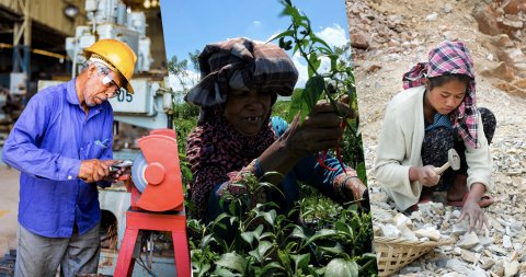 photos of a construction worker sharpening his tools, an older woman picking chili peppers and a young girl at a quarry picker 