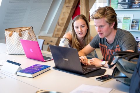 Twee studenten kijken samen naar een laptop.