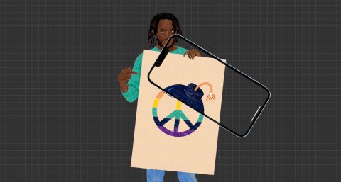 Illustration of a protester holding a peace sign, where a phone screen shows the sign turned into a bomb.