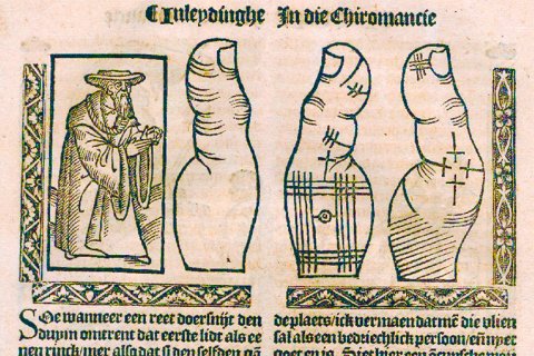Houtsneden in Johannes Indagine, Chyromantia (Utrecht: Jan Berntsz, 1536), fol. H3r. Utrecht, Universiteitsbibliotheek, R fol 456 (Rariora).