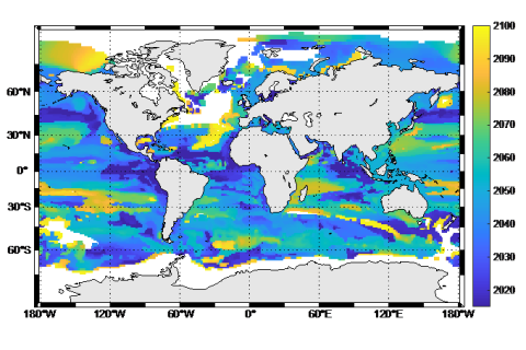 Map of the world indicating with different colors the year of continuous sea level accelration