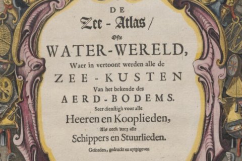 Detail gegraveerde titelpagina zeeatlas Goos, ca. 1677, topstuk uit de Bijzondere Collecties van de Universiteitsbibliotheek Utrecht