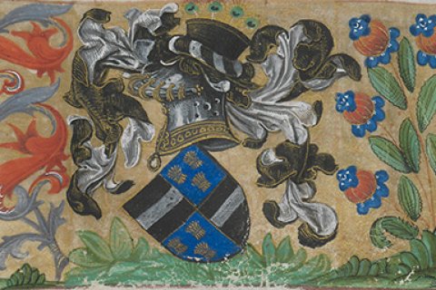Hs 42 1v - wapenschild van Wolfert VI van Borselen, detail uit De civitate Dei, topstuk uit de Bijzondere Collecties van de Universiteitsbibliotheek Utrecht