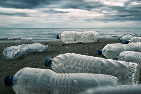 Plastic flessen op het strand