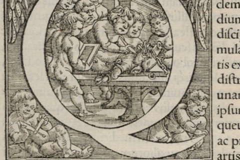 Detail van pagina i uit ‘De humani corporis’ van Andreas Vesalius (1543) waarin putti vivisectie uitvoeren op een varken.