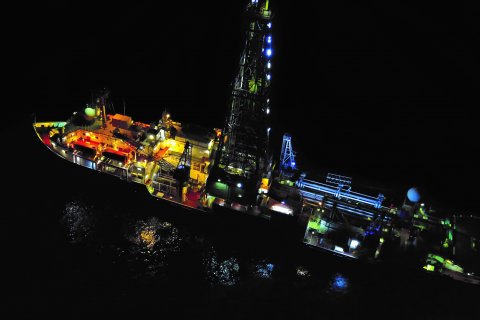 Night vision of the scientific drillship JOIDES Resolution. Photo: Adam Kurtz