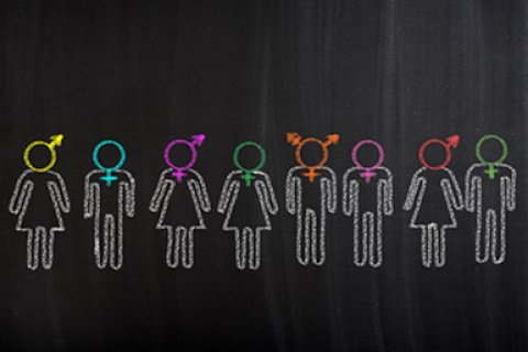 Illustratie van een schoolbord met daarop getekend verschillende gender typen