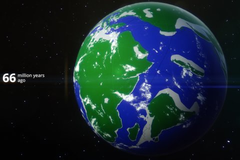 Wereldbol van 66 miljoen jaar geleden gezien vanuit de ruimte, met impressie van het opbreken van het supercontinent Pangea