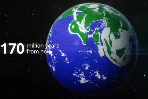 Wereldbol gezien vanuit de ruimte, voorspelling van hoe de continenten er over 170 miljoen jaar uit zien. Solamië en Madagascar bewegen naar het Noorden.