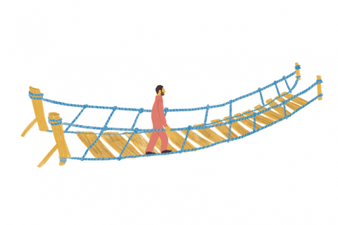 Illustratie van persoon op een touwbrug
