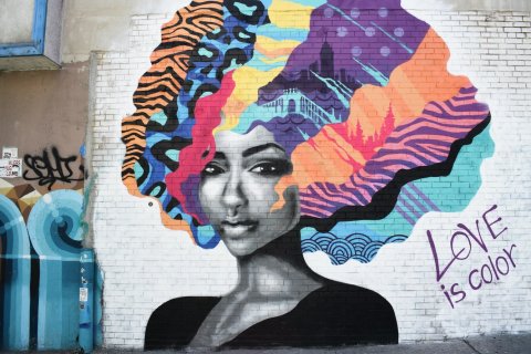 Diversiteit, zwarte jonge vrouw in grafitti met veel kleur in haar haar
