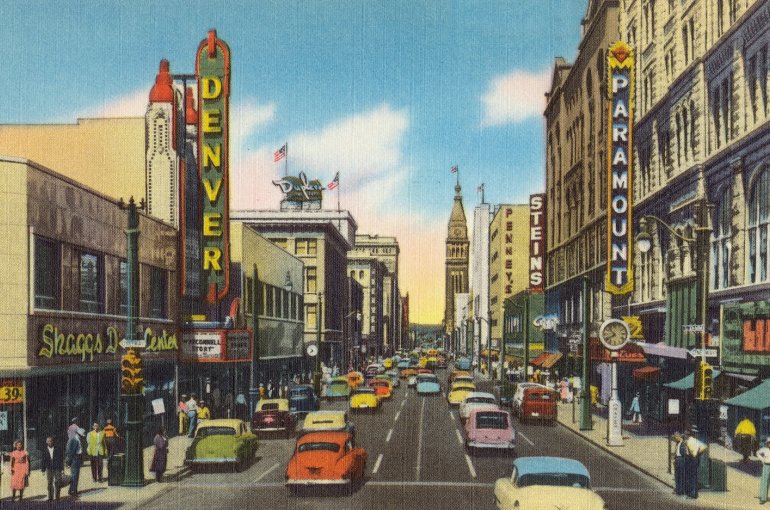 Colour print of 16th Street and downtow business section in Denver, Colorado
