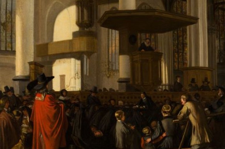 schilderij van Emanuel de Witte, De Oude Kerk in Amsterdam tijdens een dienst
