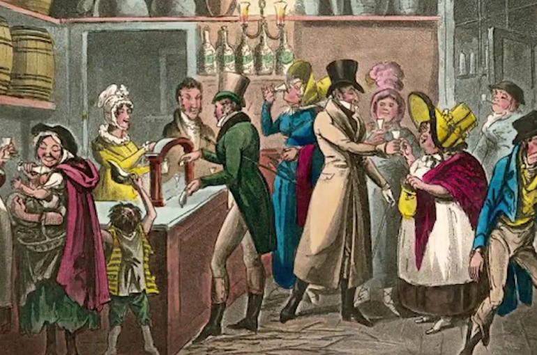 Schilderij drinkende mensen, gin rage in achttiende eeuws Engeland