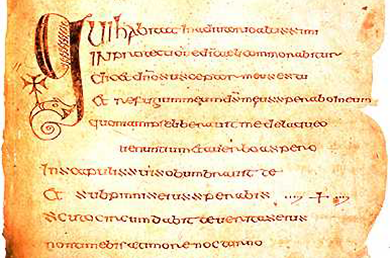 De Cathach van Sint-Columba (Dublin, Royal Irish Academy) is een vroeg-zevende-eeuws Iers psalmboek. Bron: Wikimedia