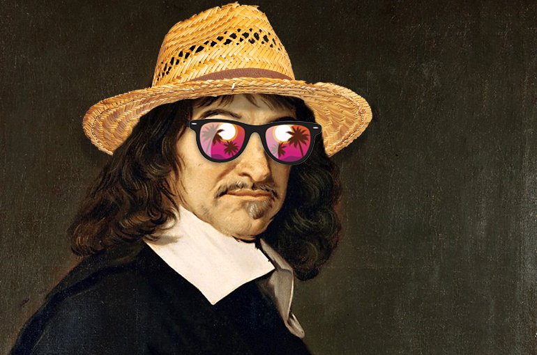 Portret René Descartes door Frans Hals maar met zonnebril en zonnehoed.