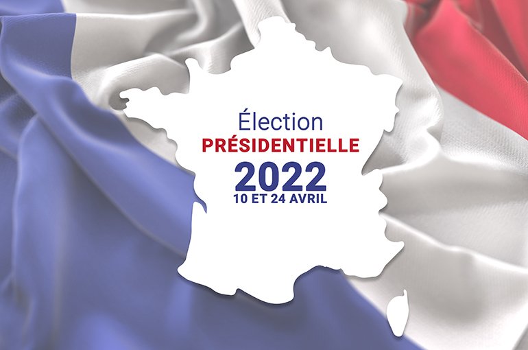 Een franse vlag met de tekst Election presidentielle 2022 © iStockphoto.com/Media Raw Stock