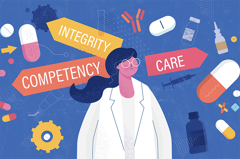 Collage van medische items, een student en de woorden Integrity, Competency en Care © iStockphoto.com/DrAfter123