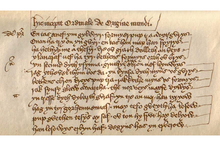 The opening verses of the fourteenth-century Cornish play 'Origo Mundi'. Bron: Wikimedia