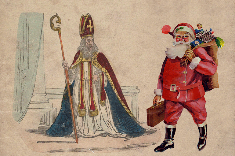 Sinterklaas (Schenkman, 1850) en de Kerstman (The Queenslander, 1936, State Library of Queensland). Beide via Wikimedia Commons (publiek domein en no known copyright restrictions)