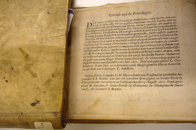 Privilege in Jan Jansz. Starter, De Friesche Lust-hof (1621), collectie Tresoar, Leeuwarden
