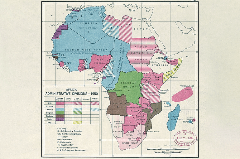 Een kaart van de koloniale onderverdeling van Afrika in 1950. Bron: Wikimedia Commons