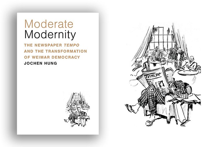 Omslag van Jochen Hungs boek 'Moderate Modernity' (2023). Een man leest de krant Tempo