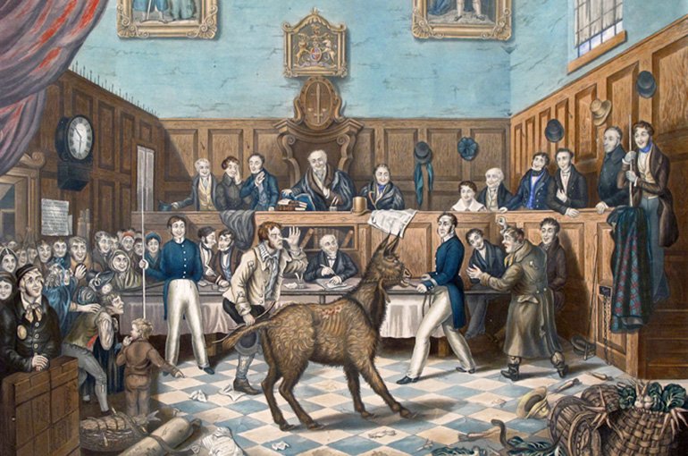 Het proces tegen Billy Burns. Zijn slachtoffer: een ezel. Schilderij door P. Mathews (1838), via Wikimedia Commons (publiek domein)