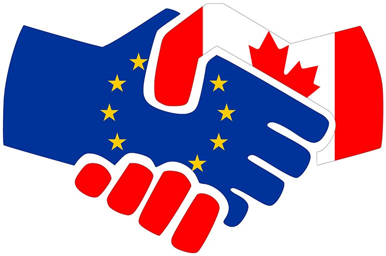 Twee handen met op de ene hand de vlag van Europa en op de andere hand de vlag van Canada © iStockphoto.com/alessandro0770