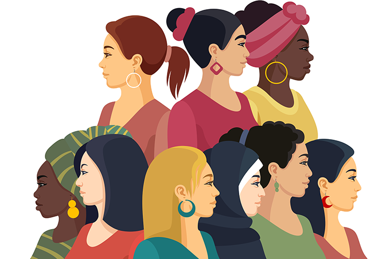 Illustratie van vrouwen van verschillende etniciteiten en culturen staan zij aan zij © iStockphoto.com/AlonzoDesign