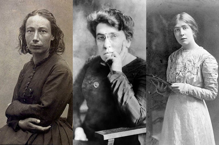 Foto's van Louise Michel, Emma Goldman en Sylvia Pankhurst.