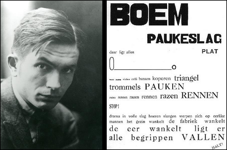 Links: Paul van Ostaijen (1896-1928). Rechts: Deel van het gedicht 'Boem paukeslag', deel van de bundel 'Bezette stad'. Bron: Wikimedia