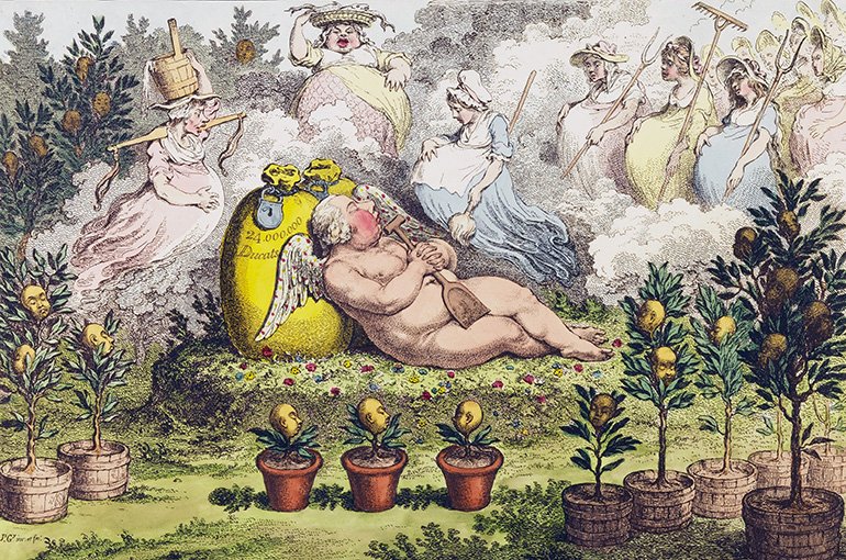 Spotprent van stadhouder Willem V uit 1796. Willem V als een zwaargebouwde Cupido rust op een zak met 24 miljoen Dukaten, omringd door zwangere vrouwen. Bron: Rijksmuseum Amsterdam (publiek domein)