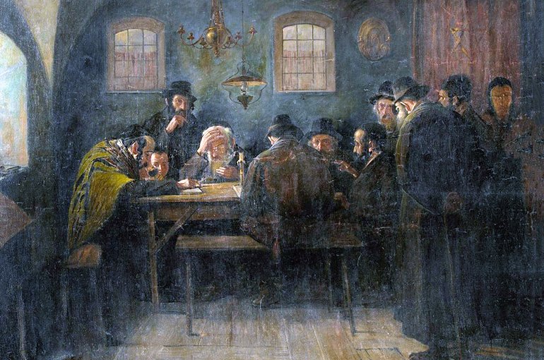 Schilderij van joodse mannen die de Talmoed bestuderen. Onbekende maker, via Wikimedia Commons
