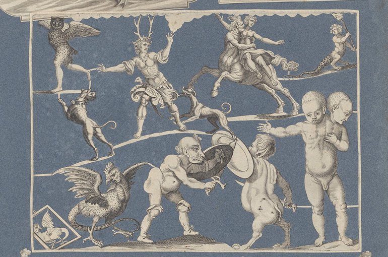 Collage van uitgeknipte prenten geplakt op een vroegmodern albumblad, ca. 1690-1720